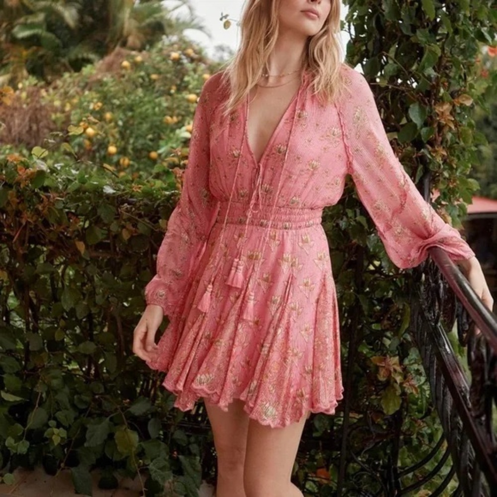 Hemant & Nandita Roop Metallic Floral Smocked Mini Dress Coral XS